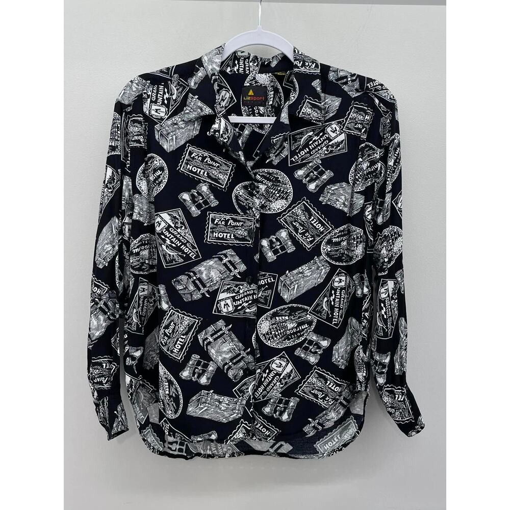 VTG Liz Sport Petite Blouse Wms Small Black White Travel Vacation Print 90s‎